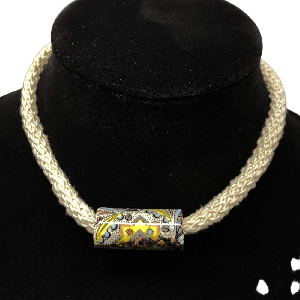 Braided Cord Necklace Cream Multi-Color Boho‎ Chic Patterned Bead Artisan Style